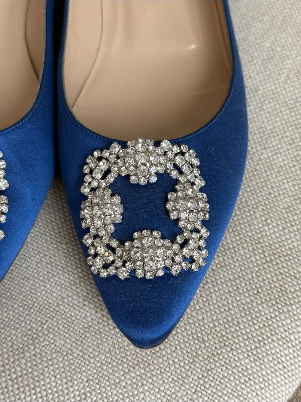 Manolo Blahnik Blue Satin Jewel Buckle Flat Pumps